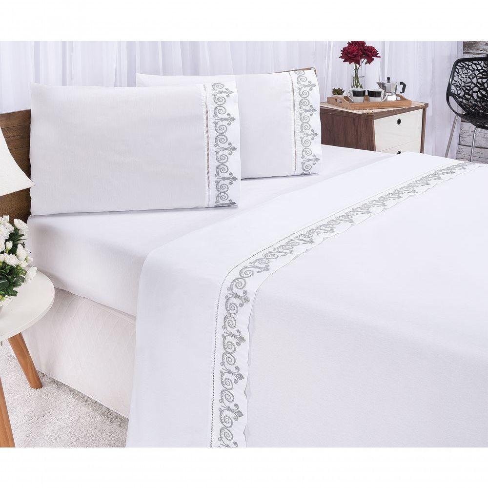 Jogo Lençol Atenas Quarto Casal Padrão Bordado 4 Peças 2fronha Cor:branco Com Cinza - 8