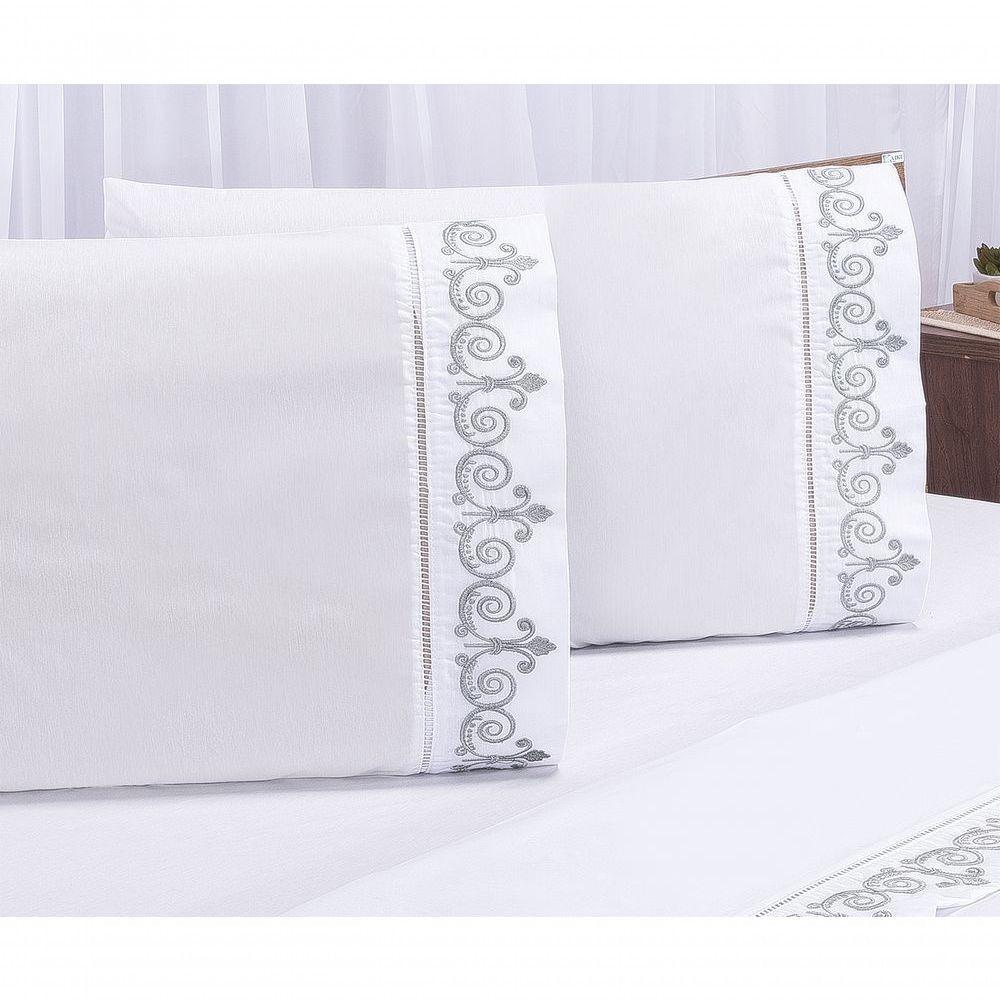Jogo Lençol Atenas Quarto Casal Padrão Bordado 4 Peças 2fronha Cor:branco Com Cinza - 10