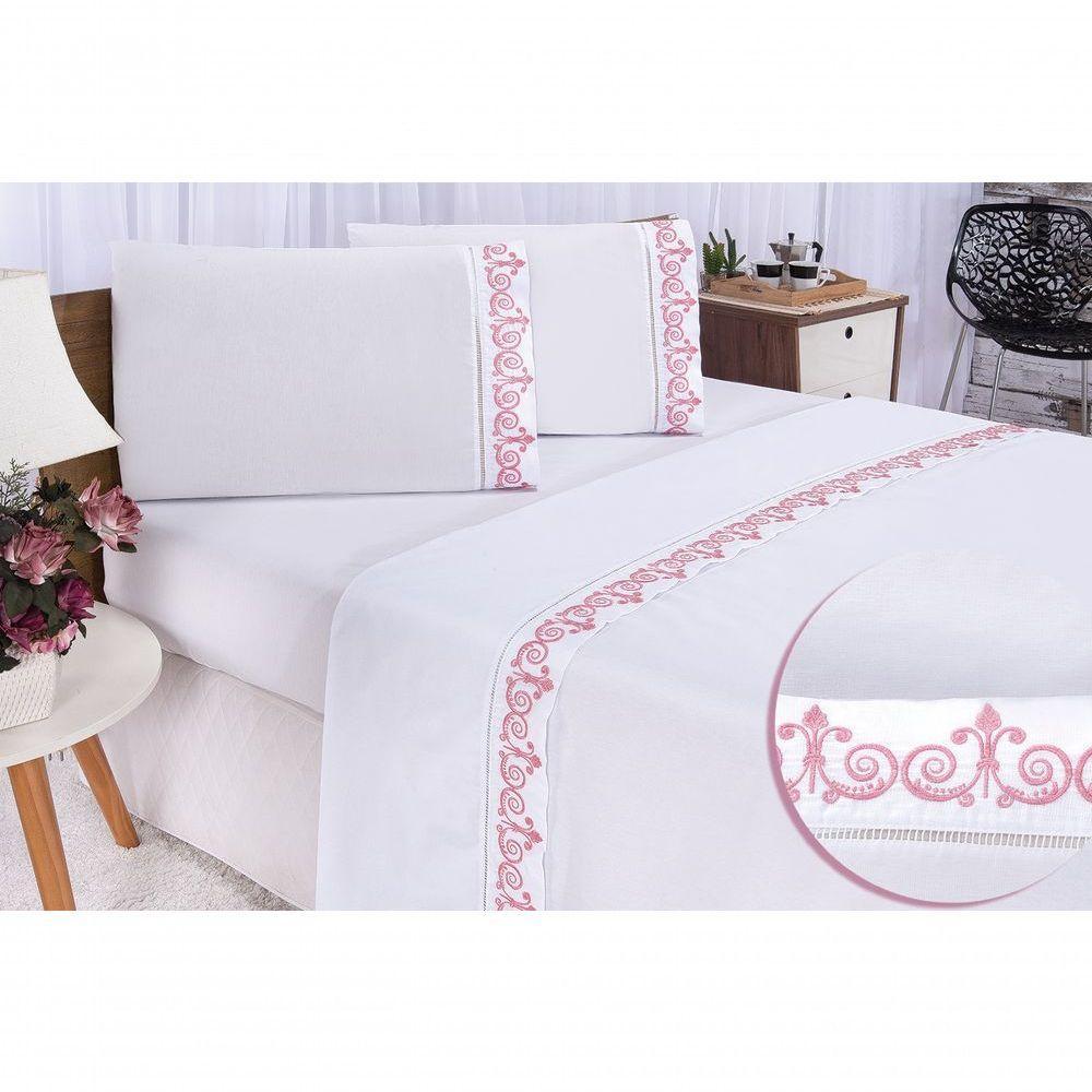 Jogo Lençol Atenas Quarto Casal Padrão Bordado 4 Peças 2fronha Cor: Branco Com Rose - 1