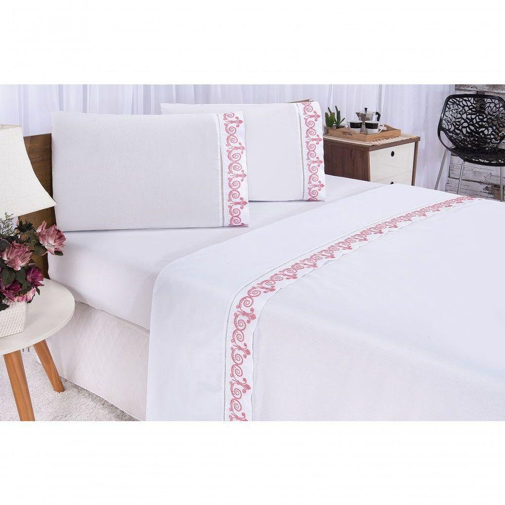 Jogo Lençol Atenas Quarto Casal Padrão Bordado 4 Peças 2fronha Cor: Branco Com Rose - 11