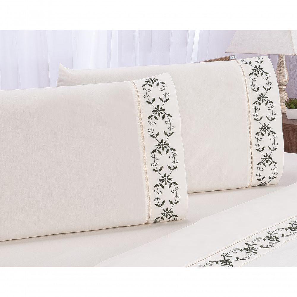 Jogo Lençol Veneza Quarto Casal King Bordado 4 Peças 2fronha Cor:palha Com Verde Petróleo. - 6