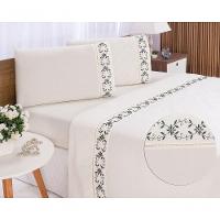 Jogo Lençol Veneza Quarto Casal King Bordado 4 Peças 2fronha Cor:palha Com Verde Petróleo. - 1