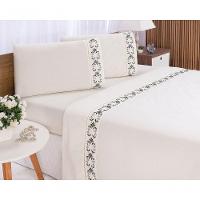 Jogo Lençol Veneza Quarto Casal King Bordado 4 Peças 2fronha Cor:palha Com Verde Petróleo.