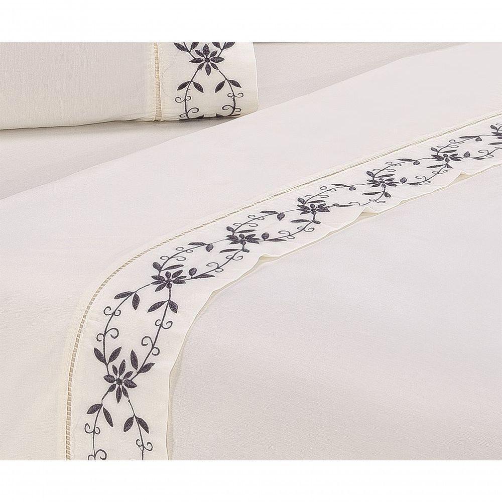 Jogo Lençol Veneza Quarto Casal King Bordado 4 Peças 2fronha Cor:palha Com Grafite - 3