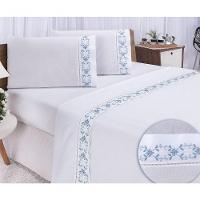 Jogo Lençol Veneza Quarto Casal King Bordado 4 Peças 2fronha Cor: Branco Com Azul - 7