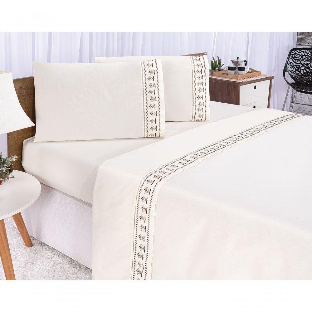 Jogo Lençol Tulipa Quarto Casal King Bordado 4 Peças 2fronha Cor: Palha Com Chocolate - 1
