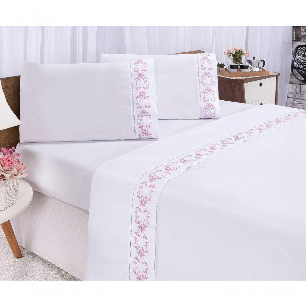 Jogo Lençol Veneza Quarto Casal Queen Bordado 4 Peças 2fronha Cor: Branco Com Rose - 8