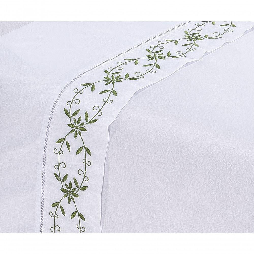 Jogo Lençol Veneza Quarto Casal King Bordado 4 Peças 2fronha Cor: Branco Com Verde Musgo - 4