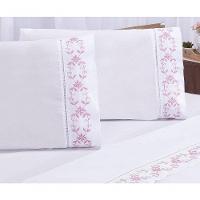 Jogo Lençol Veneza Quarto Casal King Bordado 4 Peças 2fronha Cor: Branco Com Rose
