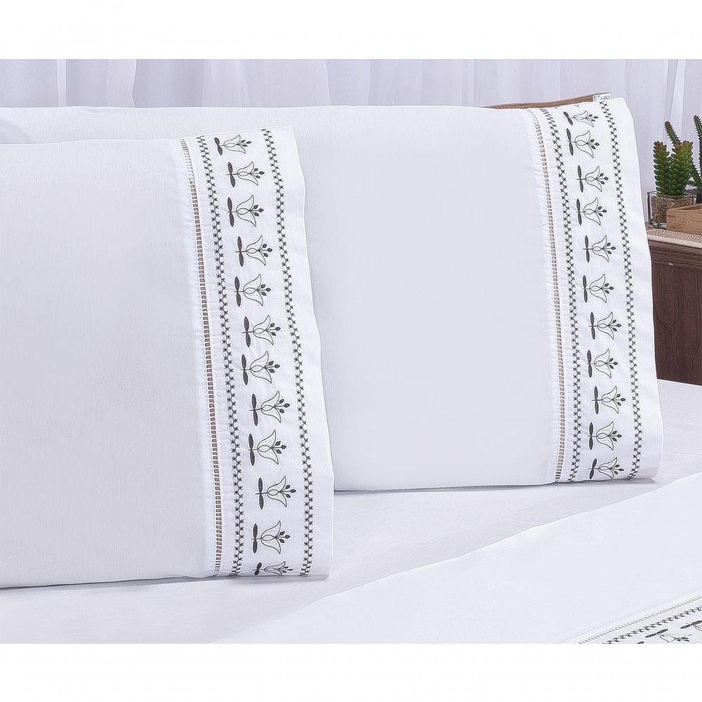 Jogo Lençol Tulipa Quarto Casal Padrão Bordado 4 Peças 2fronha Cor: Branco Com Cinza - 3