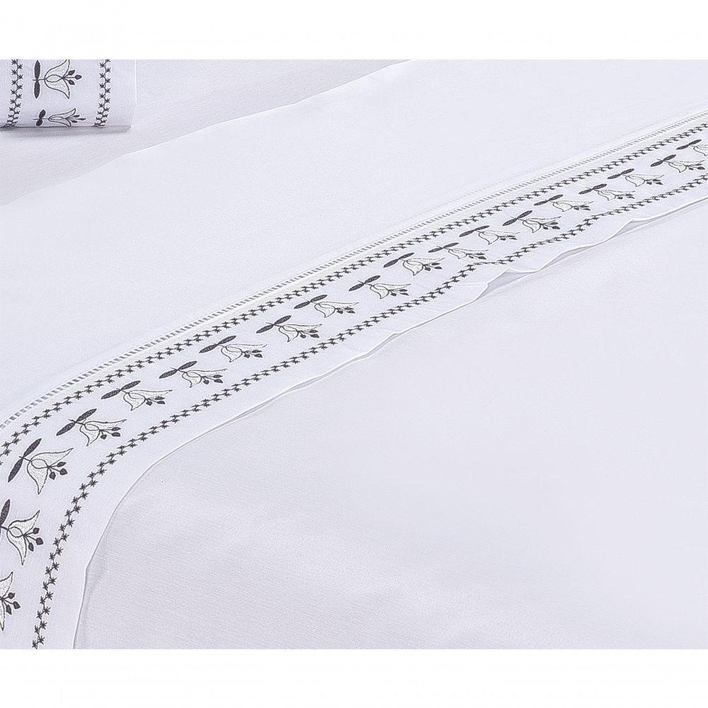 Jogo Lençol Tulipa Quarto Casal Padrão Bordado 4 Peças 2fronha Cor: Branco Com Cinza - 4