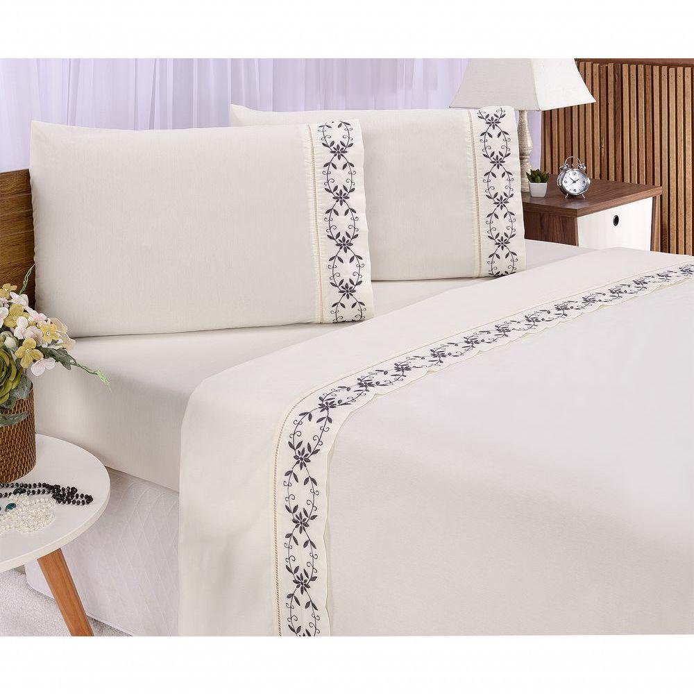 Jogo Lençol Veneza Quarto Casal Padrão Bordado 4 Peças 2fronha Cor:palha Com Grafite - 1