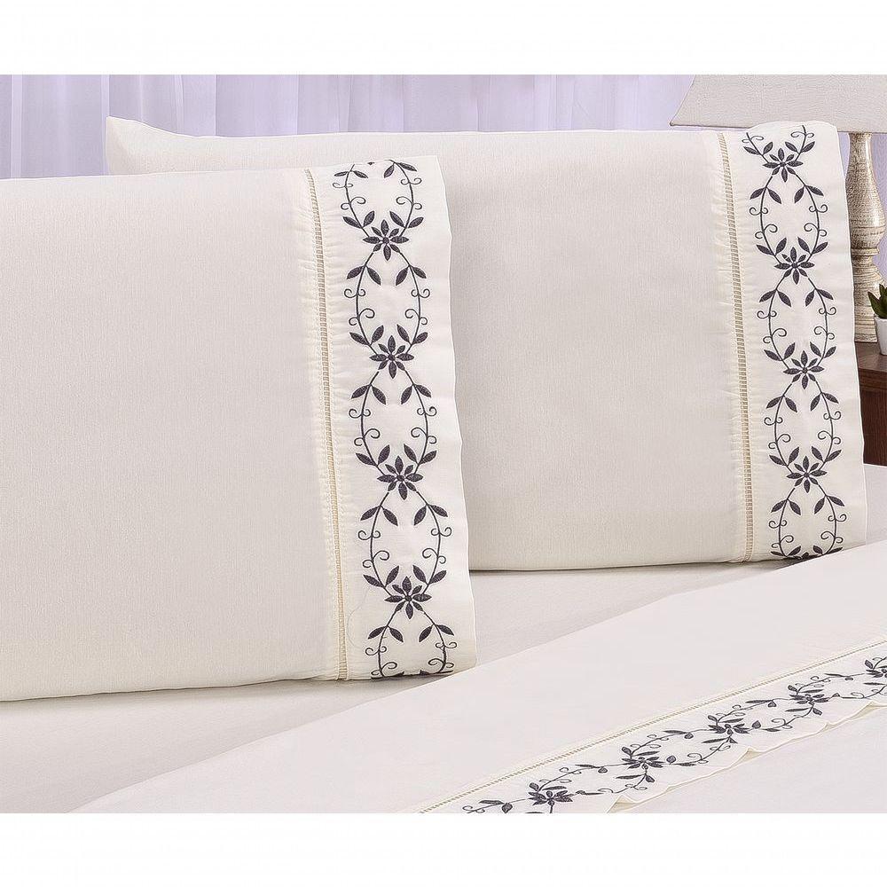 Jogo Lençol Veneza Quarto Casal Padrão Bordado 4 Peças 2fronha Cor:palha Com Grafite - 8