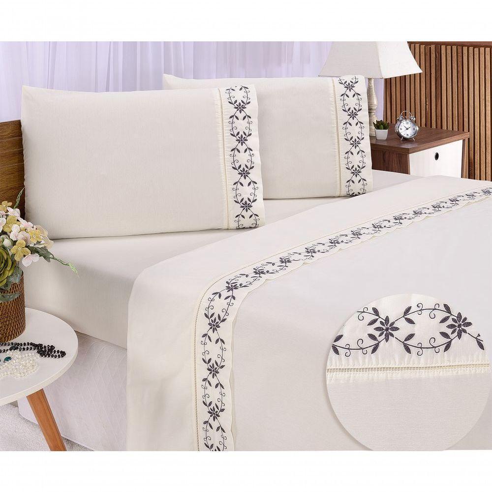 Jogo Lençol Veneza Quarto Casal Padrão Bordado 4 Peças 2fronha Cor:palha Com Grafite - 9