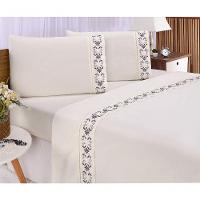 Jogo Lençol Veneza Quarto Casal Padrão Bordado 4 Peças 2fronha Cor:palha Com Grafite - 1