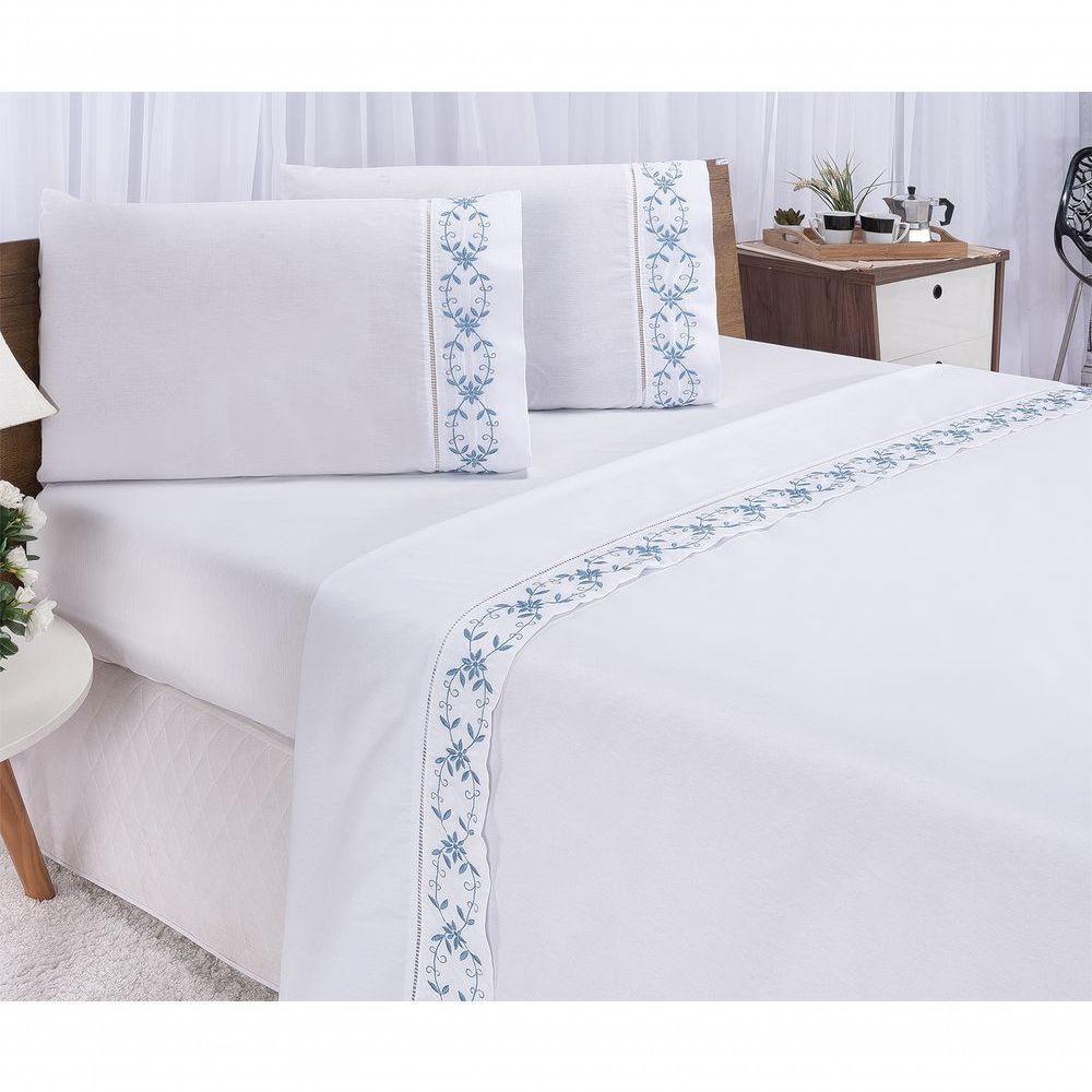 Jogo Lençol Veneza Quarto Casal Padrão Bordado 4 Peças 2fronha Cor: Branco Com Rose - 4