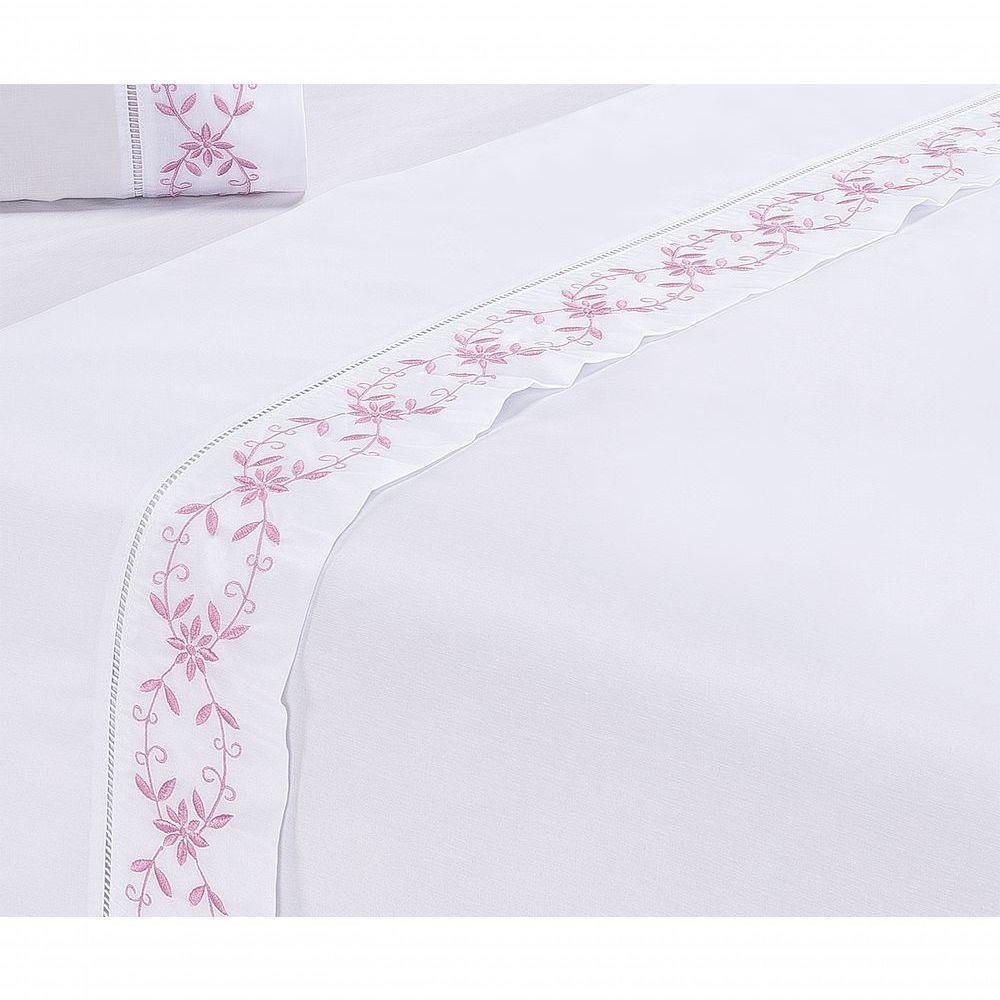 Jogo Lençol Veneza Quarto Casal Padrão Bordado 4 Peças 2fronha Cor: Branco Com Rose - 5
