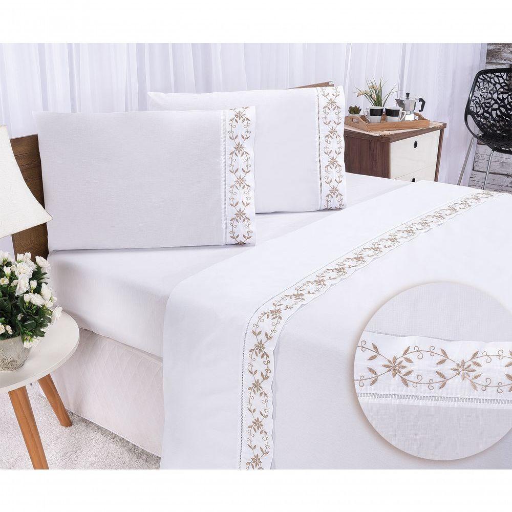 Jogo Lençol Veneza Quarto Casal Queen Bordado 4 Peças 2fronha Cor:branco Com Caqui - 1