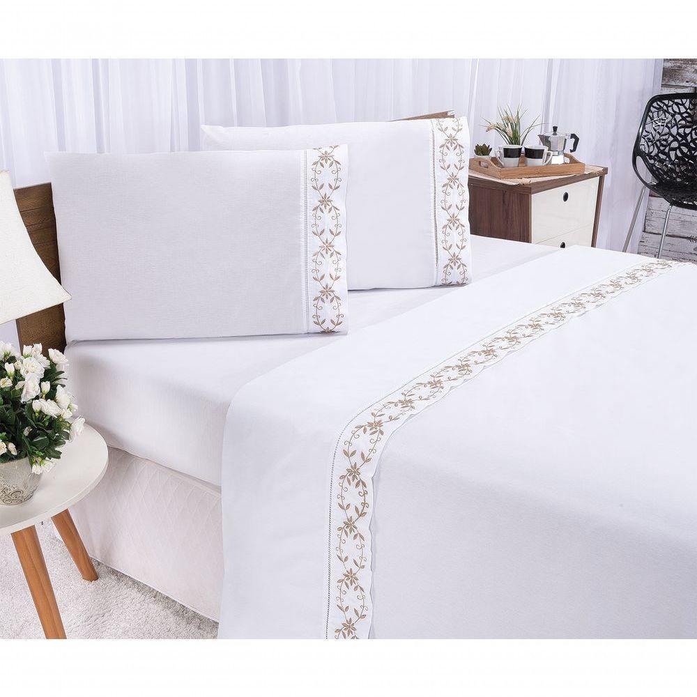 Jogo Lençol Veneza Quarto Casal Queen Bordado 4 Peças 2fronha Cor:branco Com Caqui - 3