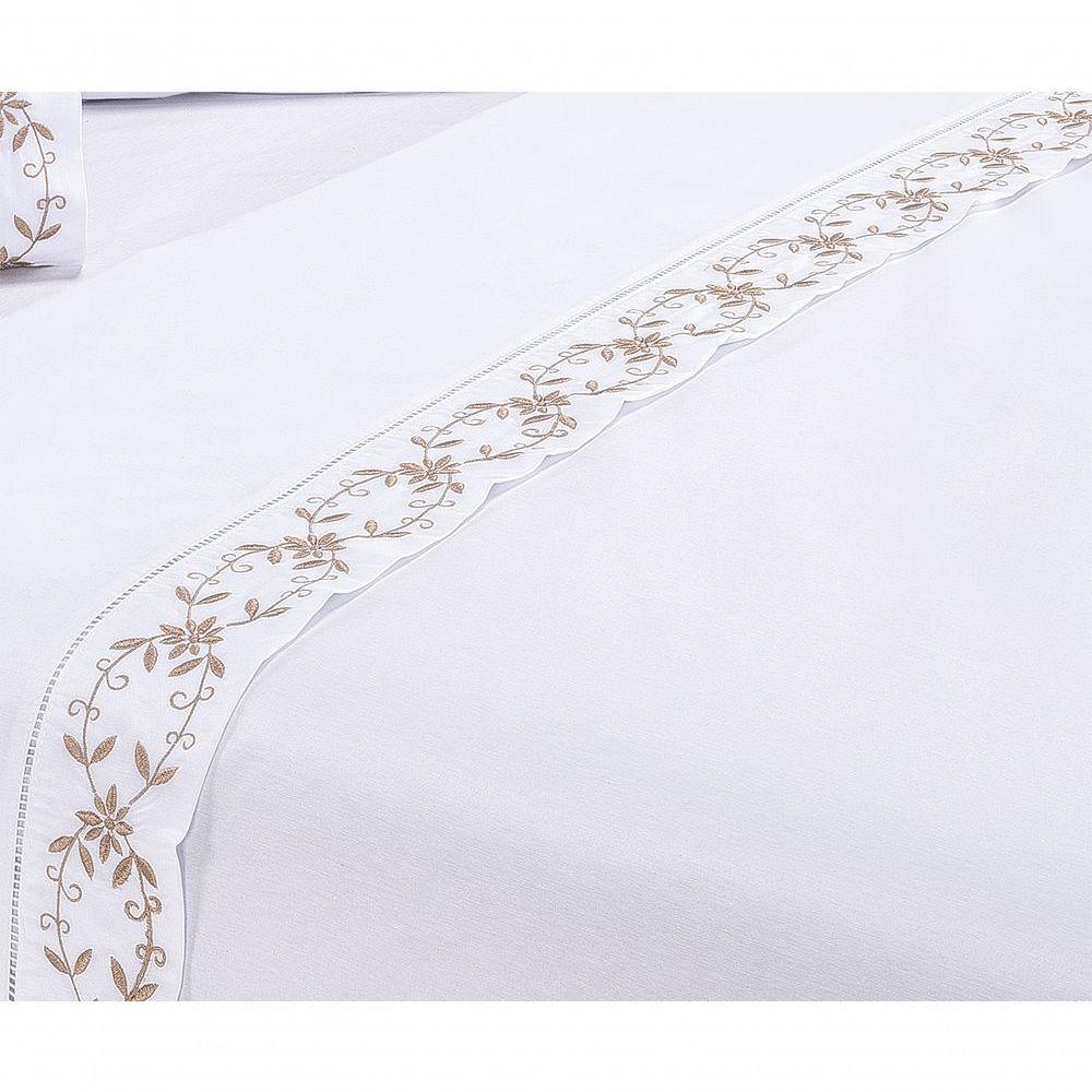 Jogo Lençol Veneza Quarto Casal Queen Bordado 4 Peças 2fronha Cor:branco Com Caqui - 4