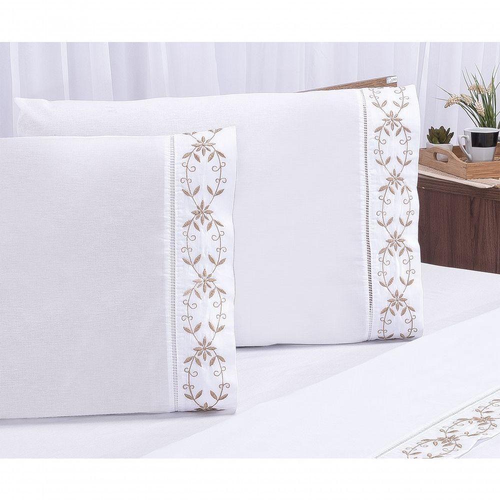 Jogo Lençol Veneza Quarto Casal Queen Bordado 4 Peças 2fronha Cor:branco Com Caqui - 5