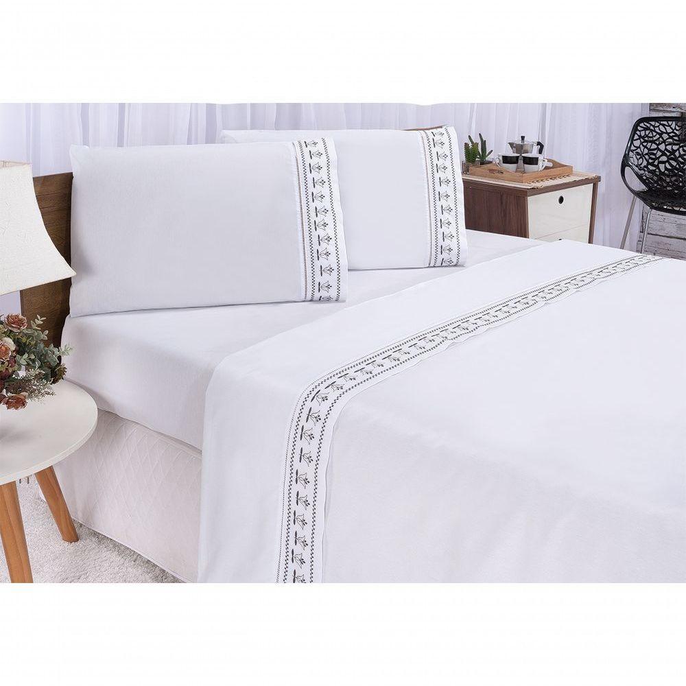 Jogo Lençol Tulipa Quarto Casal King Bordado 4 Peças 2fronha Cor: Branco Com Cinza - 1
