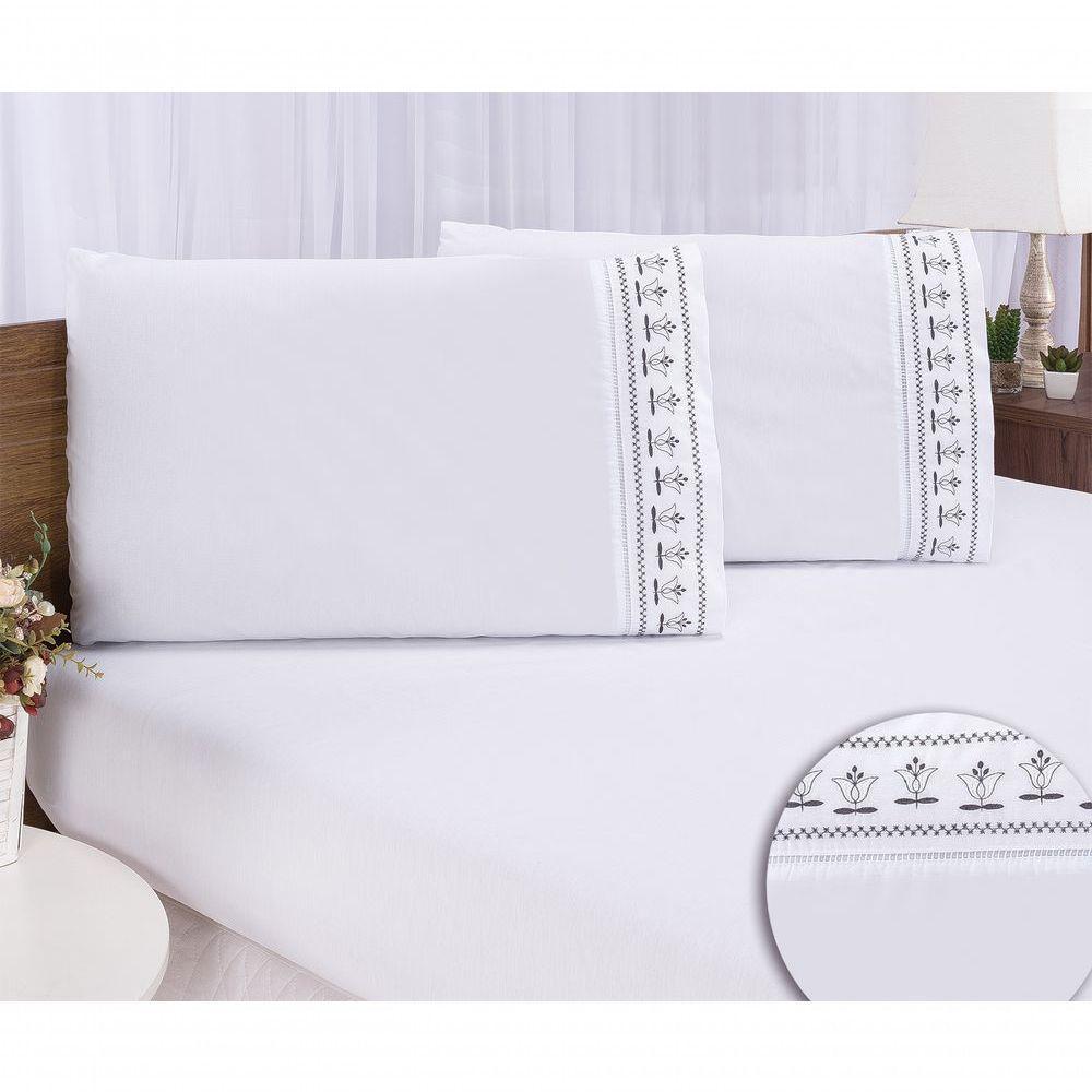 Jogo Lençol Queen Bordado 3 Peças Branco Cinza Tulipa Quarto - 1