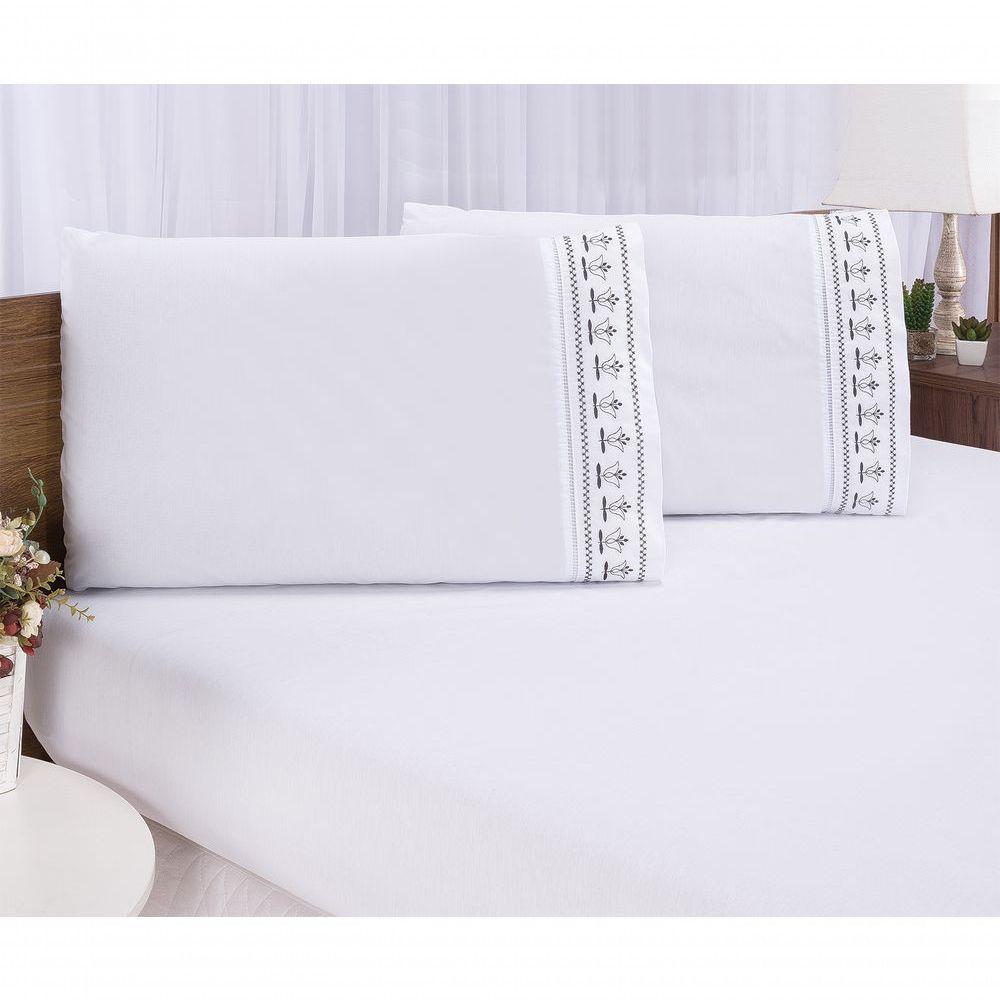 Jogo Lençol Queen Bordado 3 Peças Branco Cinza Tulipa Quarto - 3