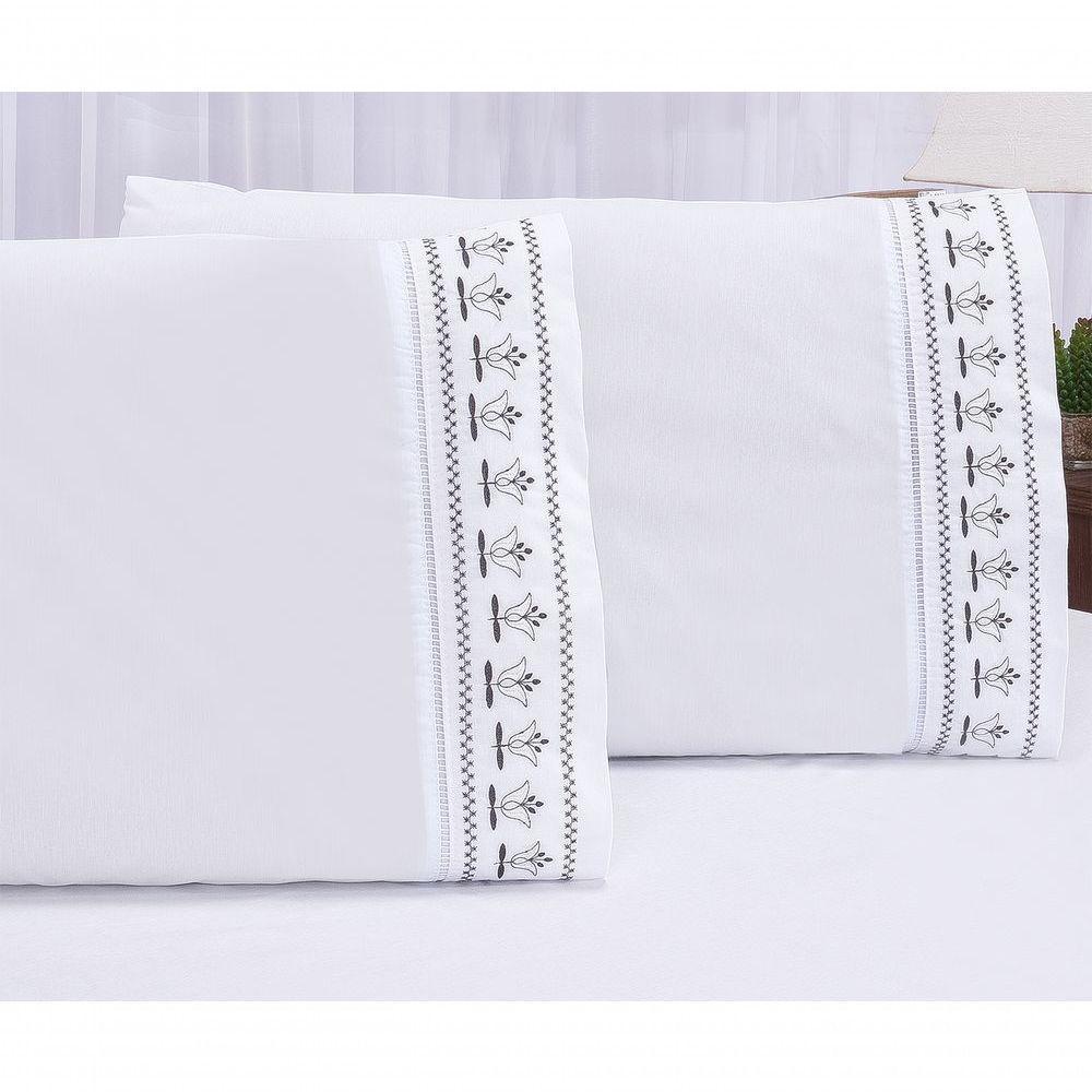 Jogo Lençol Queen Bordado 3 Peças Branco Cinza Tulipa Quarto - 4
