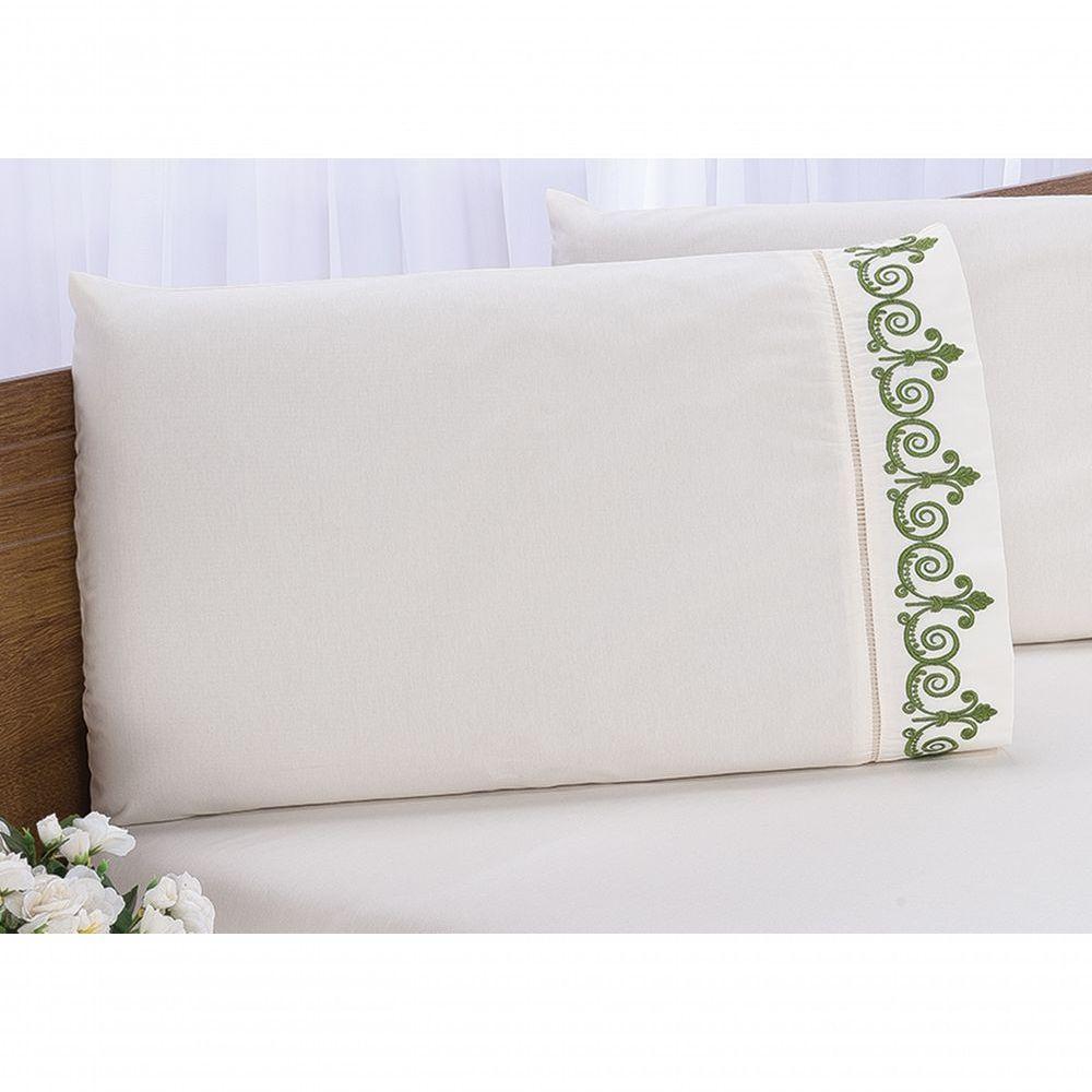 Jogo Lençol Quarto Casal Queen Bordado 3peça Palha Com Verde - 3