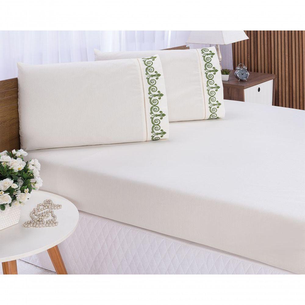 Jogo Lençol Quarto Casal Queen Bordado 3peça Palha Com Verde - 4