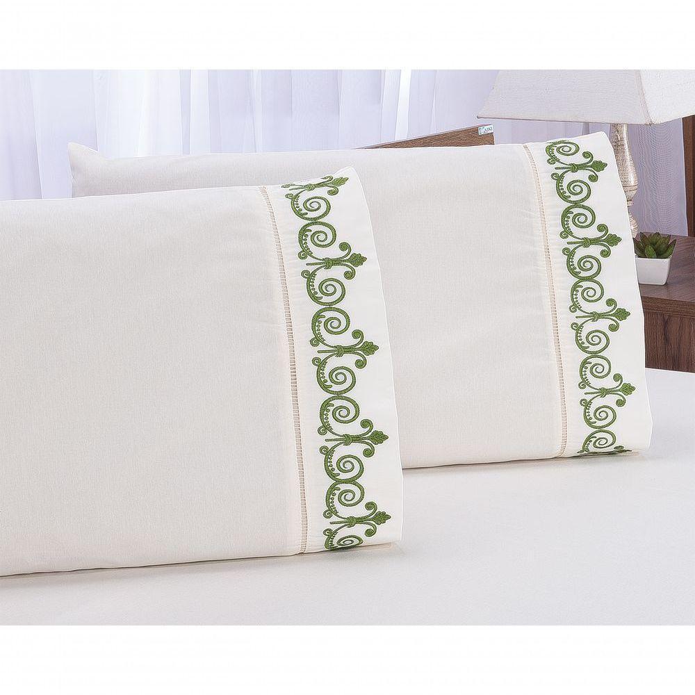 Jogo Lençol Quarto Casal Queen Bordado 3peça Palha Com Verde - 5