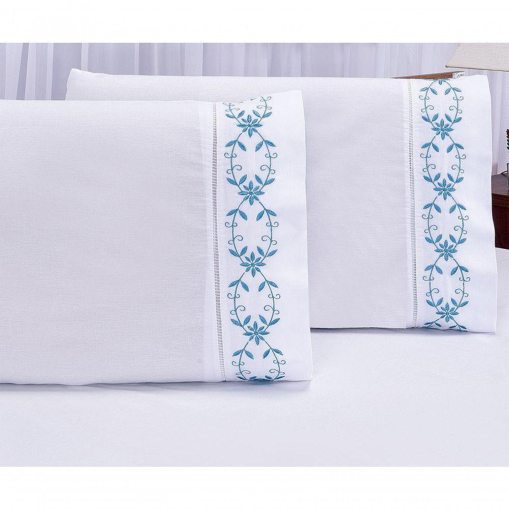 Jogo Lençol King Casal Bordado 3 Peças Branco Azul Veneza - 3