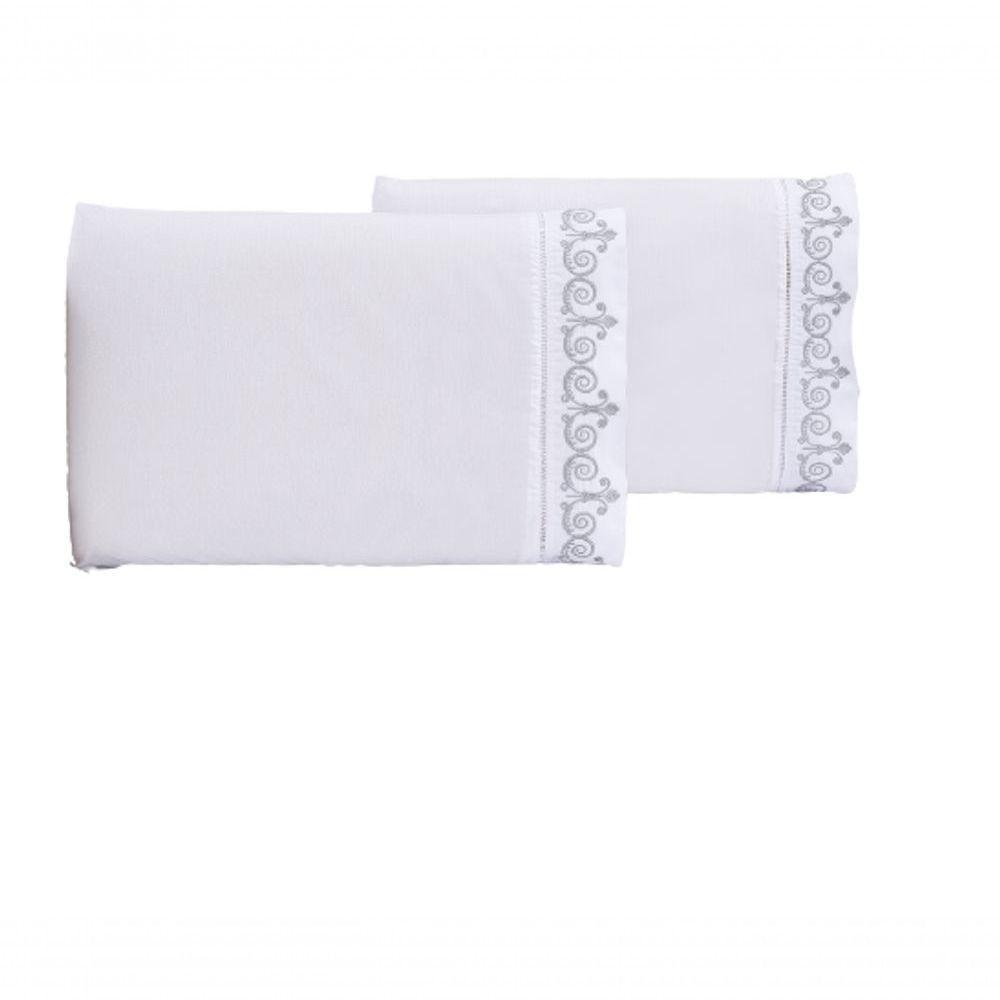 Jogo Lençol Quarto Casal King Bordado 3 Peças Branco Cinza - 1