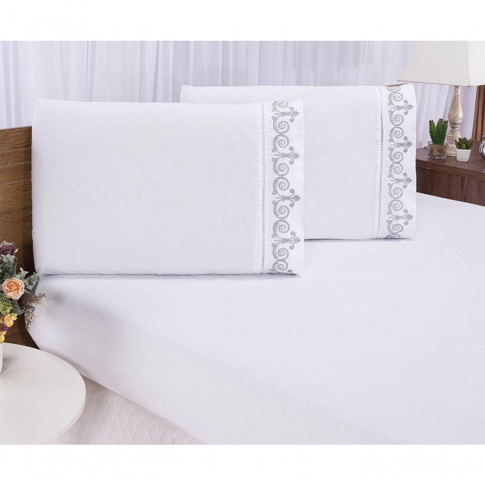 Jogo Lençol Quarto Casal King Bordado 3 Peças Branco Cinza - 3