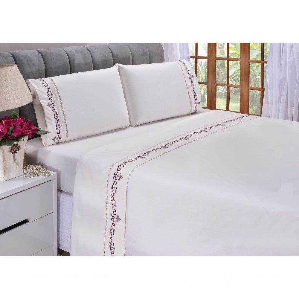 Jogo Lençol Imperial Quarto Casal King Bordado 4 Peças 2fronha Cor: Palha Com Vinho - 2