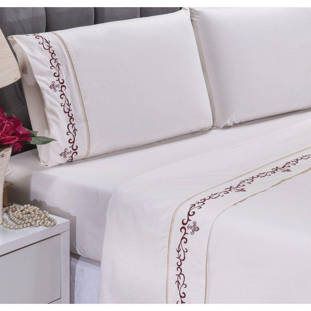 Jogo Lençol Imperial Quarto Casal King Bordado 4 Peças 2fronha Cor: Palha Com Vinho - 3