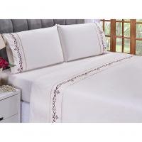 Jogo Lençol Imperial Quarto Casal King Bordado 4 Peças 2fronha Cor: Palha Com Vinho - 1