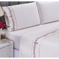 Jogo Lençol Imperial Quarto Casal King Bordado 4 Peças 2fronha Cor: Palha Com Vinho - 5