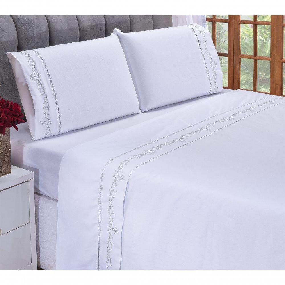 Jogo Lençol Imperial Quarto Casal Queen Bordado 4 Peças 2fronha Cor: Branco Com Cinza4 - 2
