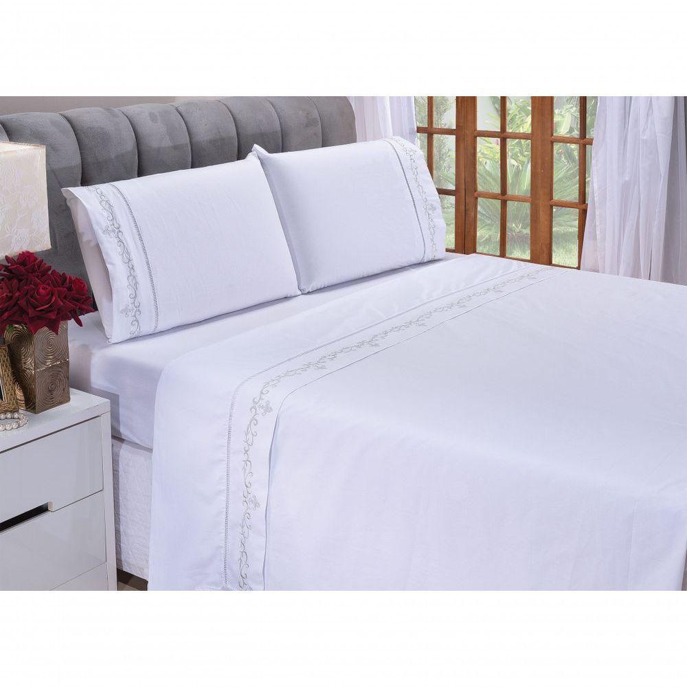 Jogo Lençol Imperial Quarto Casal Queen Bordado 4 Peças 2fronha Cor: Branco Com Cinza4 - 3