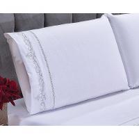 Jogo Lençol Imperial Quarto Casal Queen Bordado 4 Peças 2fronha Cor: Branco Com Cinza4