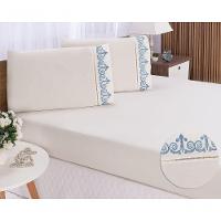 Jogo Lençol Quarto Casal Padrão Bordado 3pç Palha Com Azul - 1