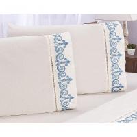 Jogo Lençol Quarto Casal Padrão Bordado 3pç Palha Com Azul