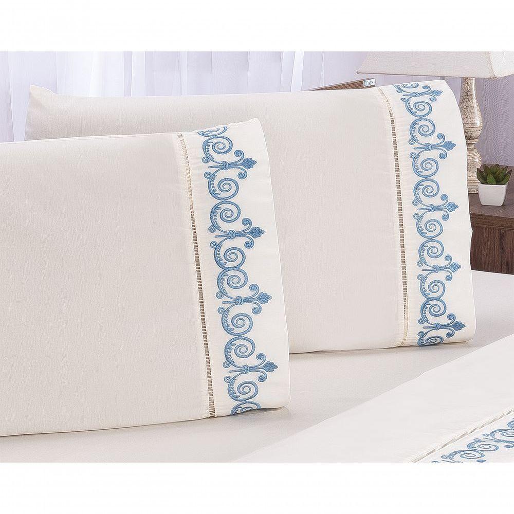 Jogo Lençol Quarto Casal King Bordado 3 Peças Palha Com Azul - 3