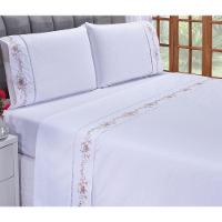Jogo Lençol Fluence Quarto Casal Queen Bordado 4 Peças 2fronha Cor: Branco Com Caqui - 1