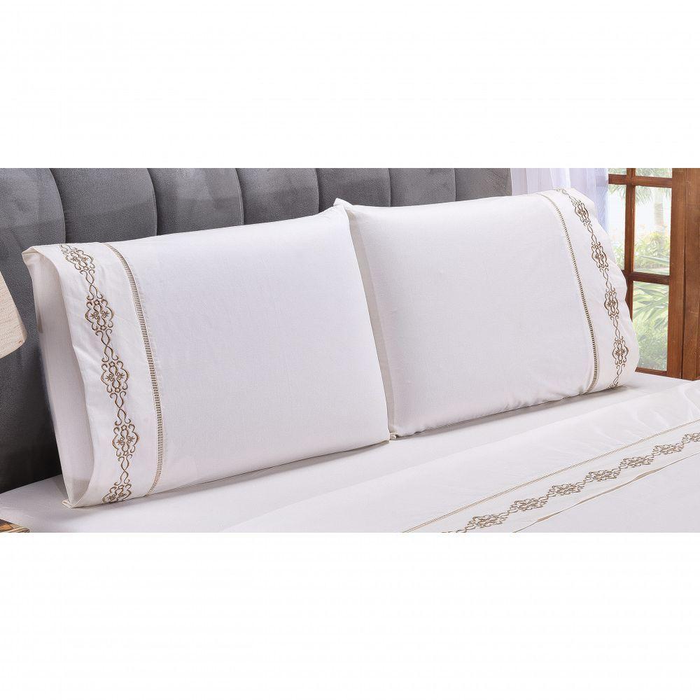 Jogo Lençol Diamante Quarto Casal Queen Bordado 4 Peças 2fronha Cor: Palha Com Caqui - 4