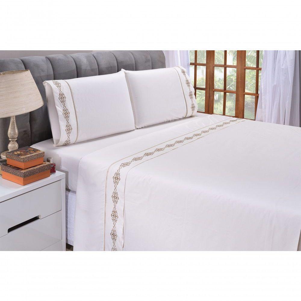 Jogo Lençol Diamante Quarto Casal Queen Bordado 4 Peças 2fronha Cor: Palha Com Caqui - 5