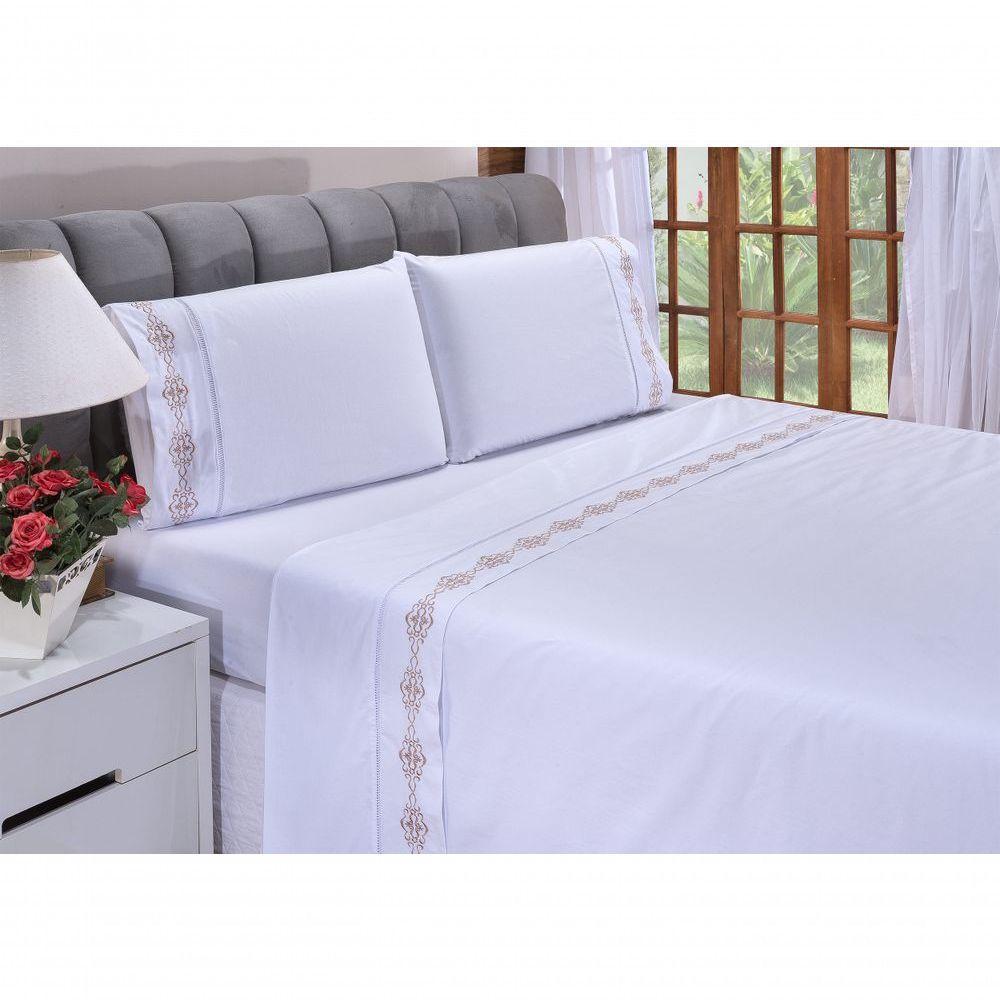 Jogo Lençol Diamante Quarto Casal Queen Bordado 4 Peças 2fronha Cor: Palha Com Caqui - 7