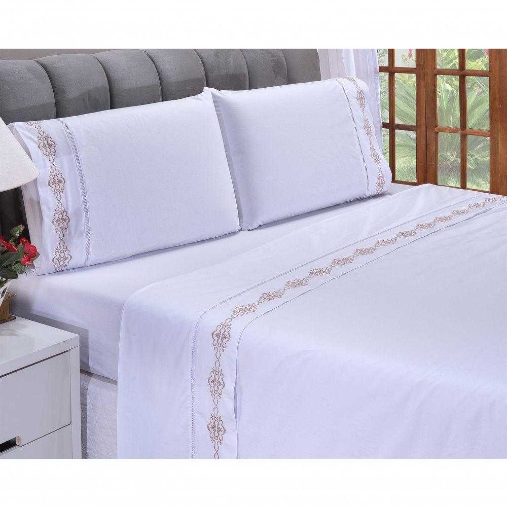 Jogo Lençol Diamante Quarto Casal Queen Bordado 4 Peças 2fronha Cor: Branco Com Caqui - 1